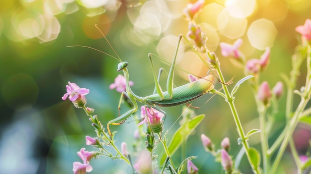 Photo green insect perched on pink flower