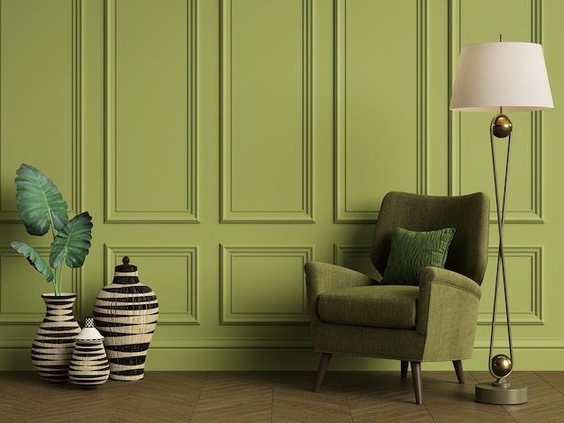 Green interior conceptClassic furniture in classic interior with copy spaceWalls with ornated mouldingsFloor parquetDigital Illustration3d rendering