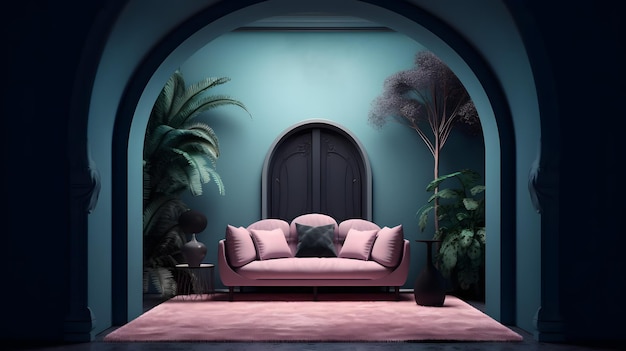 Зеленый интерьер комнаты с розовым диваном и растениями