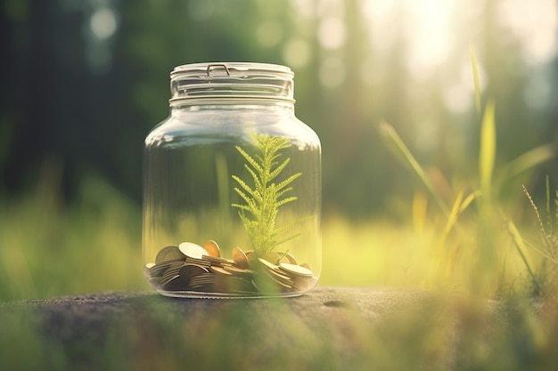 Green investment a glass of coins among plants with blurred bokeh yellow green forest background