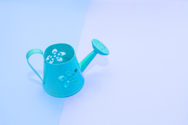 Green iron small watering can on paper background