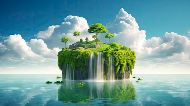 A green island with a waterfall and trees on it