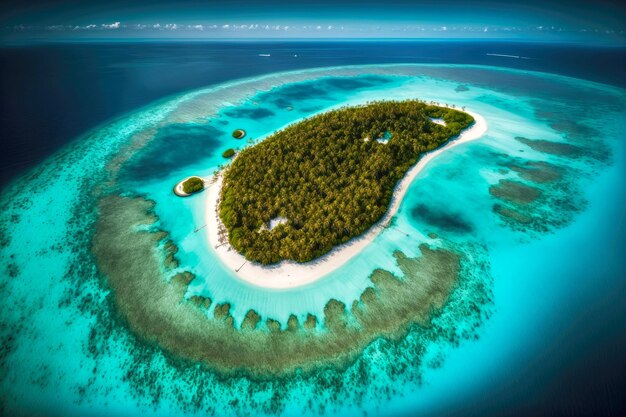 Green islands among turquoise sea on maldives tropical island