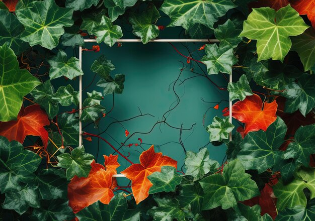 Photo green ivy and growing on a leaf with white square frame the top in the style of colorful mindscapes