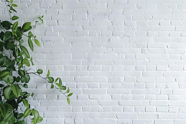 Green ivy on white brick wall background with copy space for text