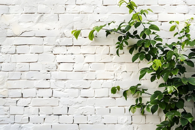 Green ivy on white brick wall background with copy space for text