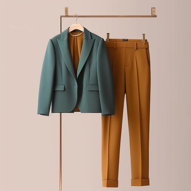 a green jacket hanging on a hanger with a brown shirt on it