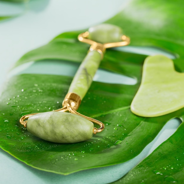 Green jade face roller and gua sha scraper with leaves on light blue background