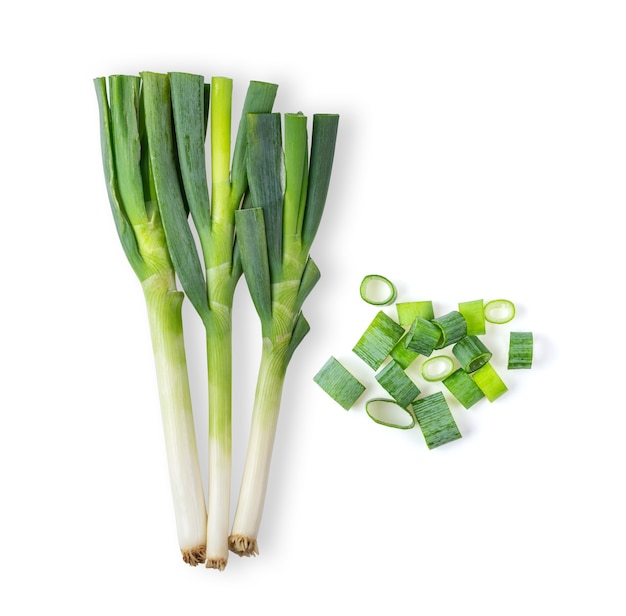 Green Japanese Bunching Onion on White surface. top view