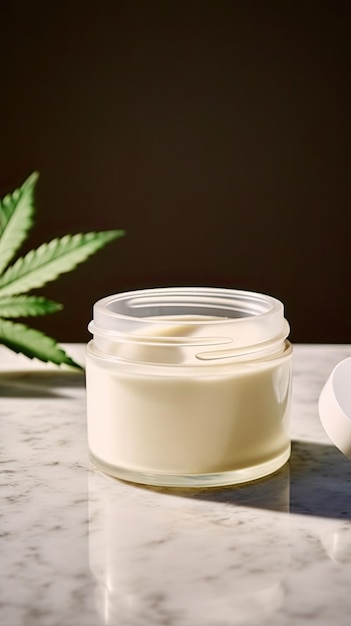 Green jar of face cream stands on a marble background surrounded by marijuana leaves