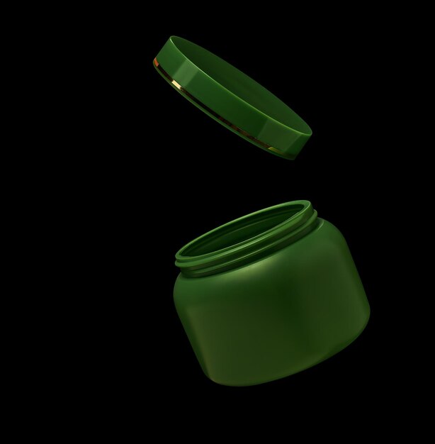 Green jar with a lid hovers in the air isolated on a black background