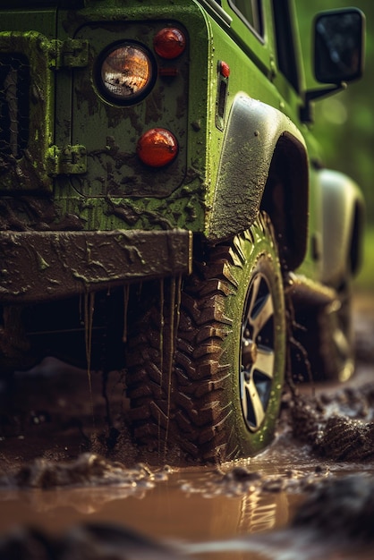 A green jeep is stuck in the mud and has mud on the tires.