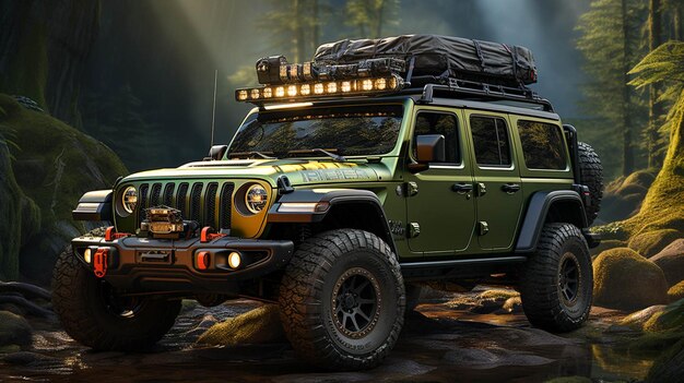 Photo a green jeep with a roof rack for tour