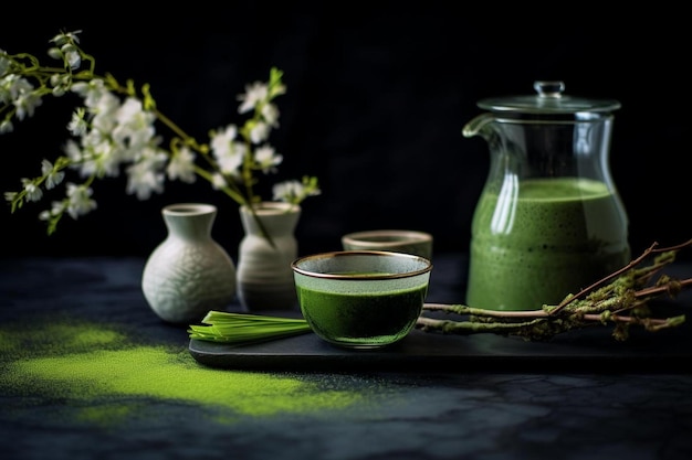 a green jug with a green liquid in it and a vase with flowers in the background.