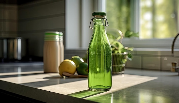 green juice bottle in the kitchen counter in the style of hyperrealistic rendering