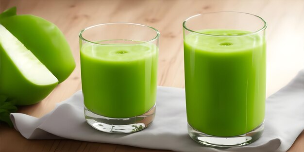 Green juice filled in glass on wooden table bokeh light dark background