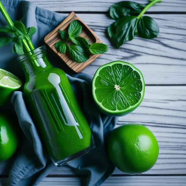 Foto succo verde con accanto una cannuccia e una bottiglia di succo di lime.