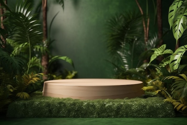 A green jungle scene with a round podium in the middle and a jungle scene.