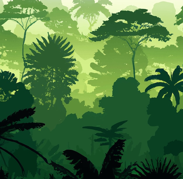 Зеленые джунгли с деревьями и листьями.