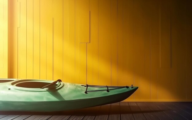 A green kayak sits on a wooden floor in front of a yellow wall.