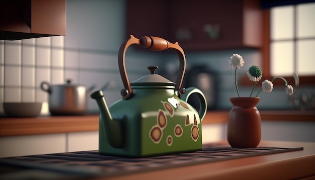 Photo a green kettle on a kitchen counter next to a flower.