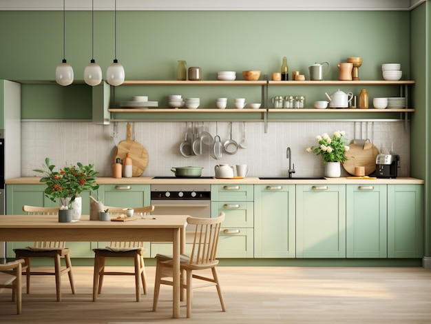 Green kitchen interior with a retro twist AI Generated