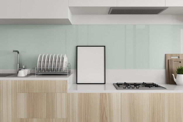 Green kitchen interior with white and wooden countertops and a sink. A poster. Concept of a cozy house. 3d rendering mock up