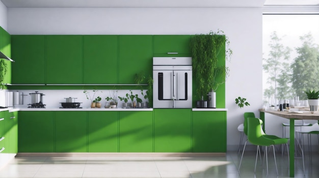 Green kitchen and minimalist interior design