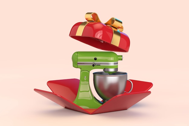 Green Kitchen Stand Food Mixer in Opened Red Gift Box with Golden Ribbon 3d Rendering