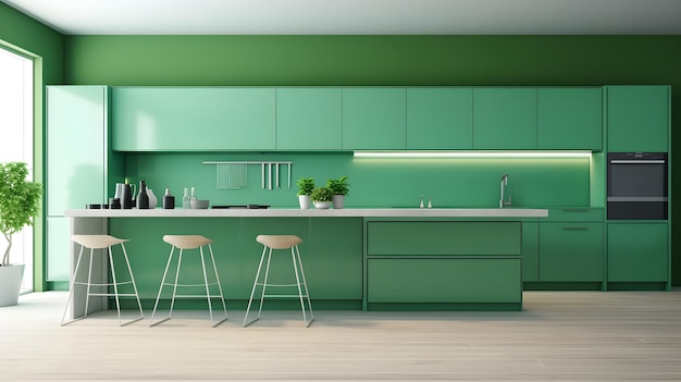 A green kitchen with a white counter and a white stools with a green back drop.