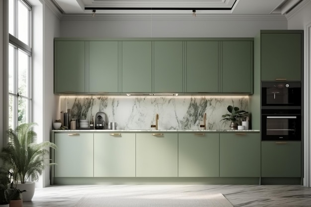 A green kitchen with a white marble countertop and green cabinets.