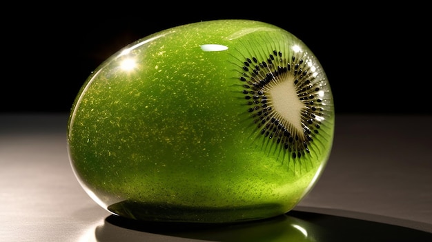 Green kiwi fruit in a glass sphere on a black background