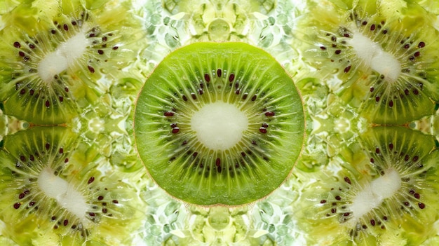 A green kiwi fruit split open to reveal a luscious white center