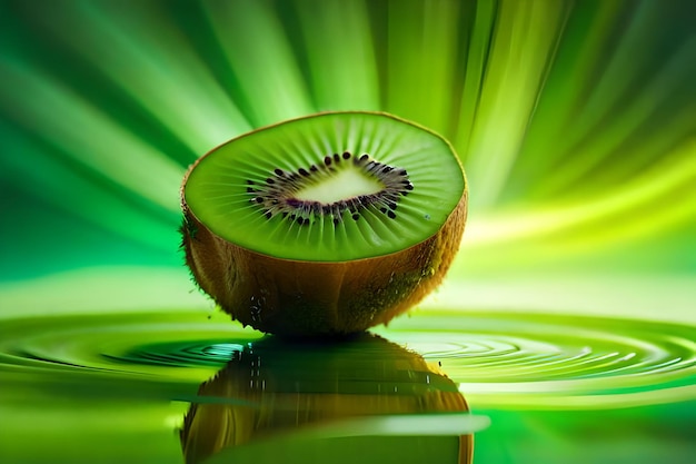 A green kiwi fruit with a green background