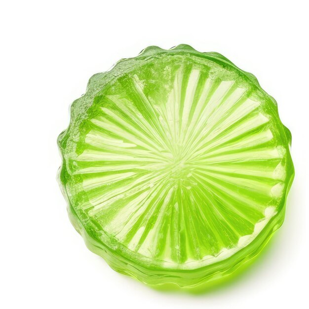 A green kiwi slice with a green design on the front.