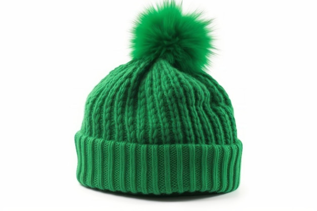 Green knit wool hat with pom pom isolated on white background