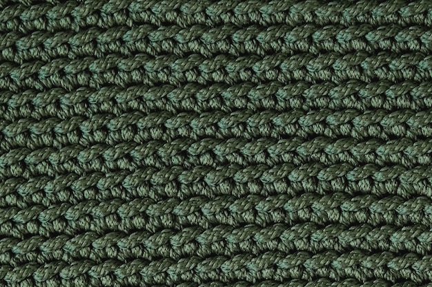 Green knitted material texture background Top view Copy empty space for text