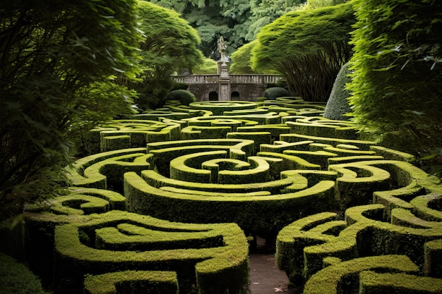 Green labyrinth of verdant shrubbery in garden