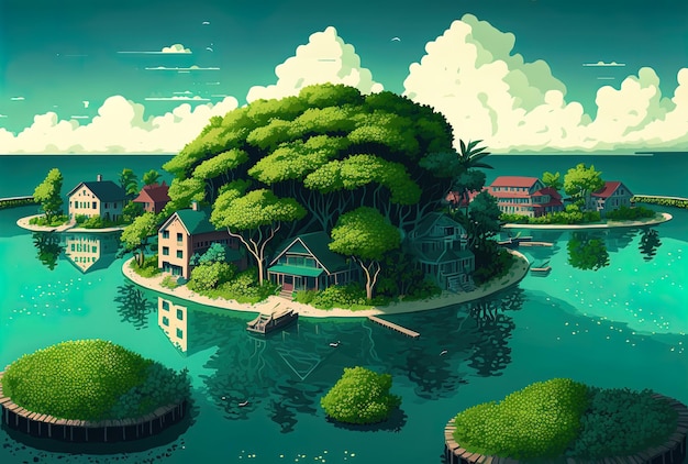 A green lake in the midst of a Maldives island surrounded by houses and trees