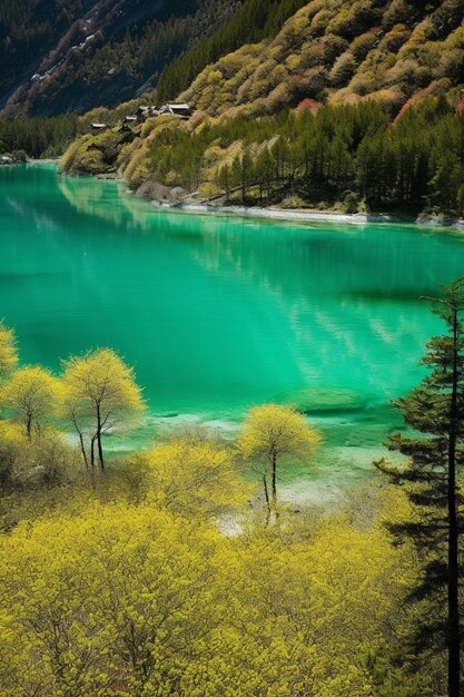 A green lake in the mountains with trees and the blue lake