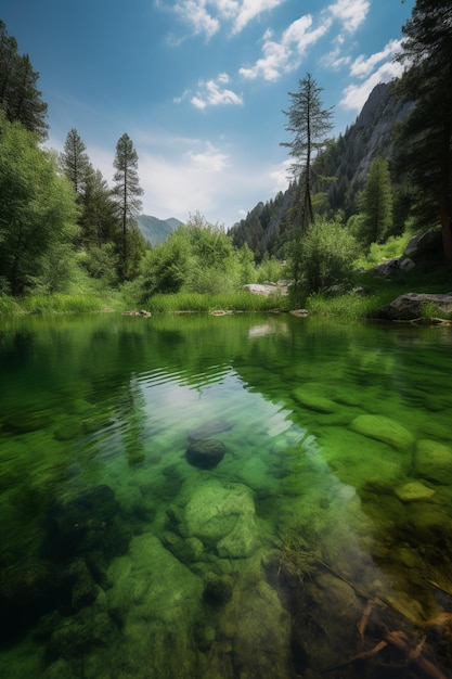 A green lake with a clear water and trees in the background.