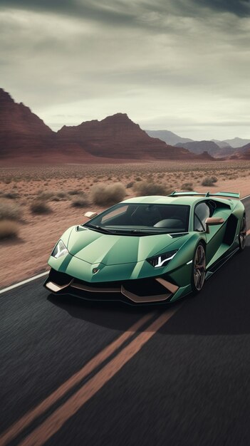 A green lamborghini on a desert road