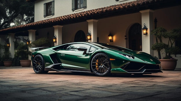 A green lamborghini huracan is parked outside a house.