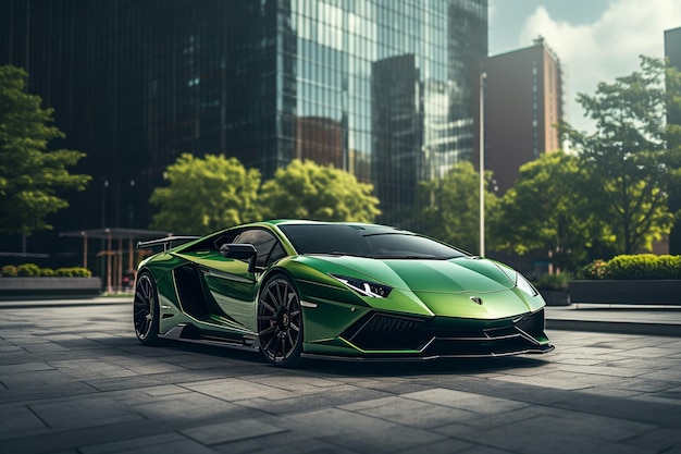 Photo a green lamborghini on the street with an office building in the background