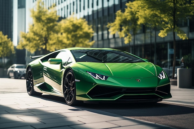 A green lamborghini on the street with an office building in the background