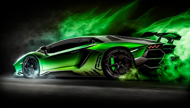 A green lamborghini that is on a black background