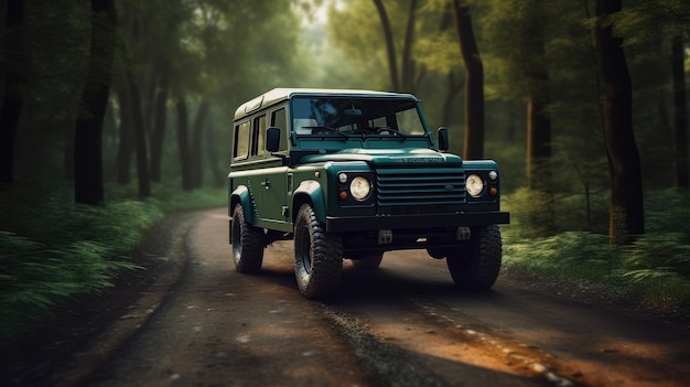 A green land rover is driving down a road.