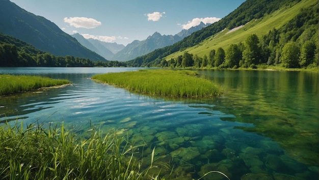 A green land with beautiful lake