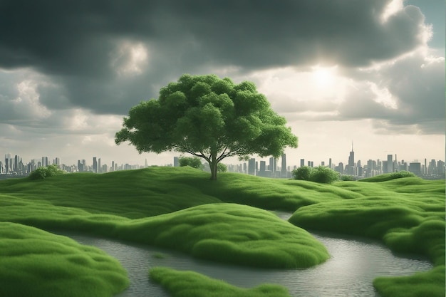 Green landscape and cloudy green city on world environment day