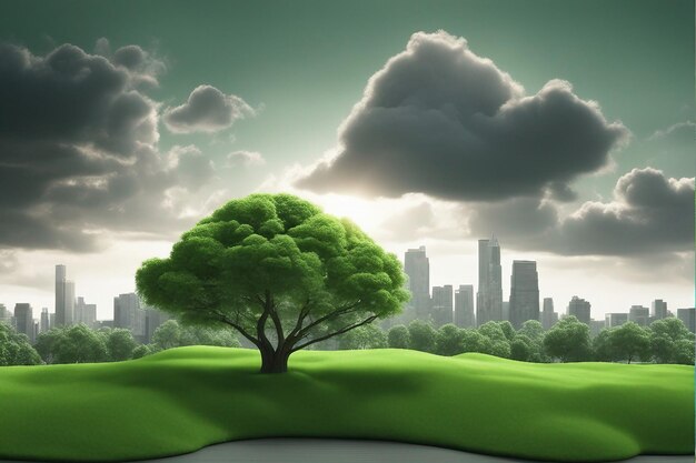 Green landscape and cloudy green city on world environment day